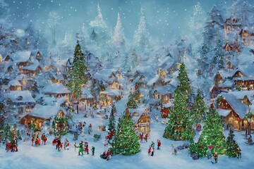 Christmas Village with Blue Snow, firs, ornaments and lights all over.
