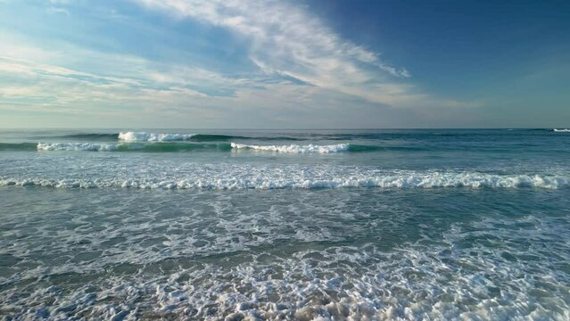 Crashing Waves Rushing On The Shoreline Of Praia de Caion In Galicia, Spain. Wide Shot