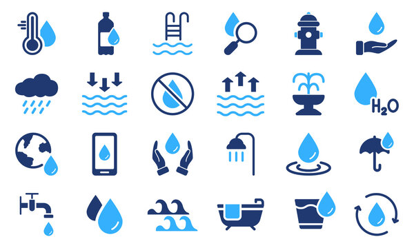 Water Silhouette Icon Set. Low and High Tide, Shower, Mineral Water, Plastic Bottle and Glass Pictogram. Fire Hydrant and Fountain. Drop Water Color Icon. Vector Isolated Illustration