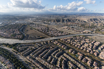 Aerial view of suburban landscape in the Santa Clarita community of Los Angeles County, California.