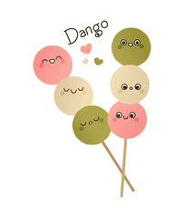 Cute dango sticks vector illustration isolated on white background. Hanami dango traditional Japanese dessert. Rice dumpling characters on spit. Flat cartoon style