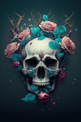Human skull and flowers on a black background. AI