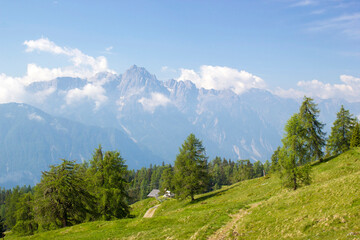 Landscape of Lienz Dolomites in Austria. Massive Alpine mountains.