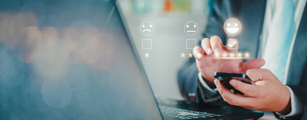 Customer review satisfaction feedback survey concept, User give rating to service experience on...