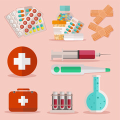 medical icons set,medical equipment, medicines, medical bottles, thermometer, medicines, syringe, medicine cabinet, cures, healing