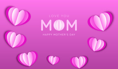 pink love you MOM happy mother's day illustration in paper cut style background origami art papercut concept
