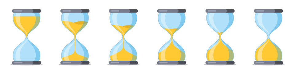 Hourglass icon set. Cartoon sandglass signs with animation frames. Antique sand clock. Vintage hourglass process timer sand collection. Template design for app ui, ux, game element. Vector