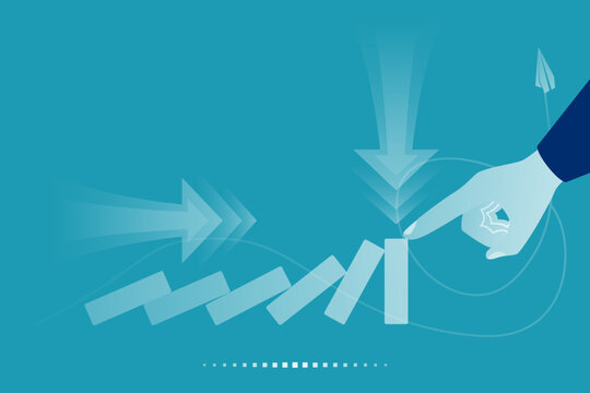 Domino effect. Stopping chain reaction business solution. Successful intervention. The man stops the falling domino with finger hand. Vector illustration flat design. Isolated on background.