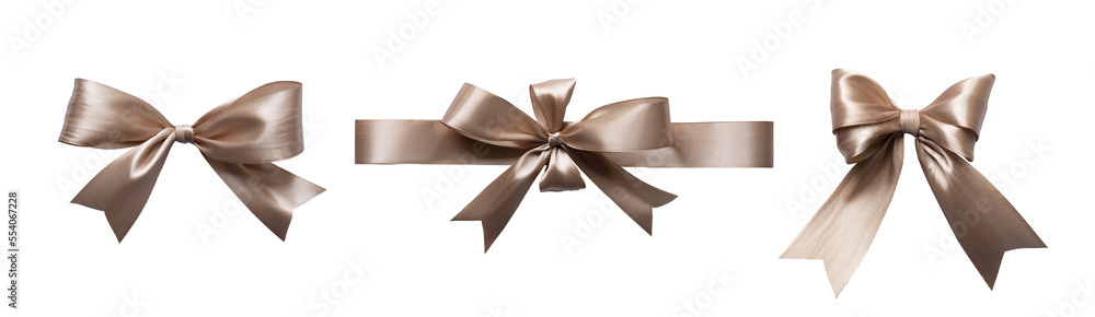Poster set of brown bow ribbon isolated background. realistic horizontal ribbon with knot for ornament and 
