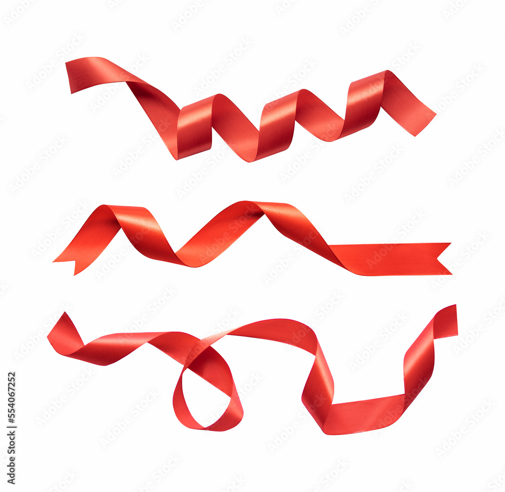 Poster Set of red silk ribbon in curly for design element isolated background