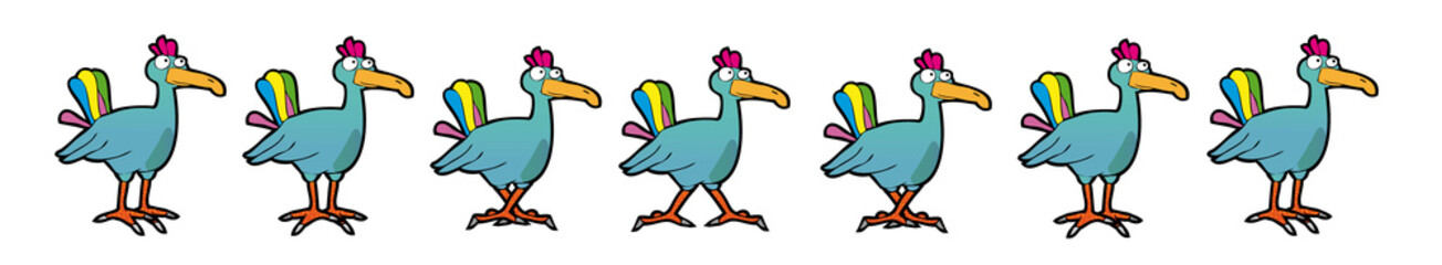 Obraz premium Rennender Vogel, Lustiger Cartoon-Vogel, Vogelanimation, Stop-Motion-Storyboard, handgezeichnete Vektorillustration