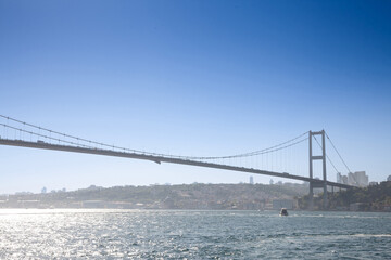 Selective blur on Bosphorus Bridge; also called 15 july martyrs bridge or 15 temmuz sehitler koprusu, seen from below. it's a bridge in Istanbul connecting Asian and European side. ....