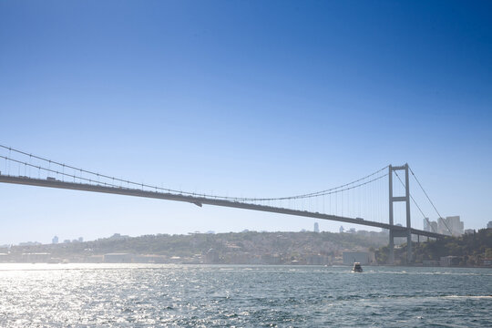 Selective blur on Bosphorus Bridge; also called 15 july martyrs bridge or 15 temmuz sehitler koprusu, seen from below. it's a bridge in Istanbul connecting Asian and European side. ....