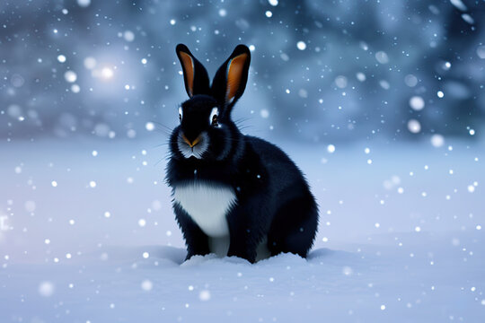 Black rabbit sitting in the snow. Digital illustration. Generative AI.