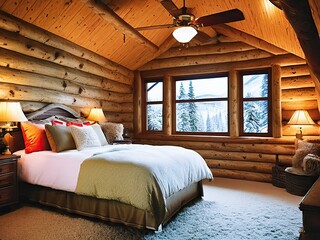 Rustic log cabin bedroom interior, windows, forest with snow, vacation retreat