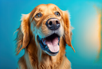 charming and humorous golden retriever portrait, isolated on a blue backdrop, with a large tongue, hot summer theme. Generative AI