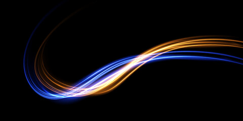 Abstract light lines of movement and speed in blue and gold. Light everyday glowing effect. semicircular wave, light trail curve swirl, car headlights, incandescent optical fiber png.