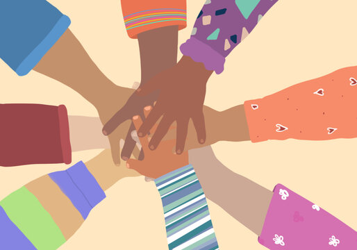 Back to school group of children with hands raised. School children of different ethnicities. Isolated image.
