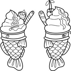 Taiyaki two doodle. Cute Asian sweet stuffed fish with ice cream. Cartoon white and black vector illustration.