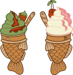 Taiyaki two doodle2. Cute Asian sweet stuffed fish with ice cream. Cartoon color vector illustration.