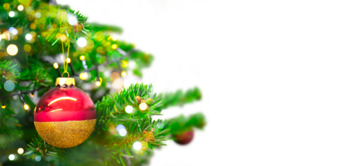 Decorated Christmas tree isolated on white background. Happy New Year and XMas border with free copy space for text. christmas banner