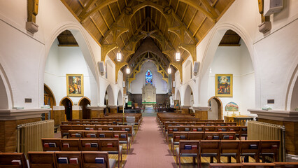 Interior nave of the historic St. Matthew's Episcopal Cathedral in downtown Laramie, Wyoming