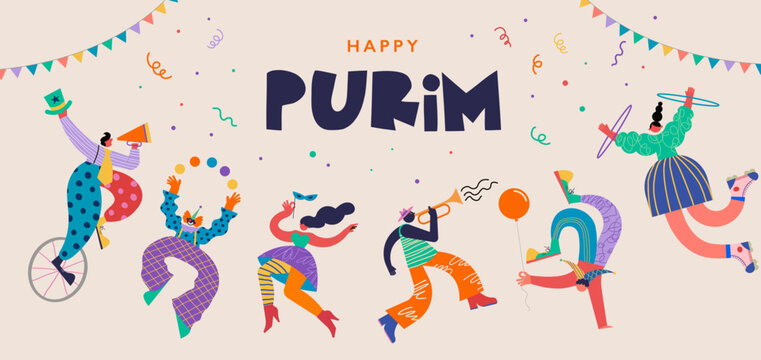 Happy Purim - Jewish holiday, Carnival. Colorful geometric background with abstract people, clowns, musicians, dancers