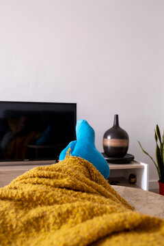 feet of person with socks in living room on sofa with blanket
