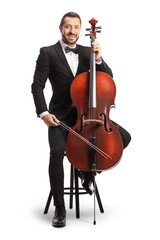 Male musician in a black suit and bow-tie sitting on a chair with a cello