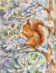 Squirrel on a snow covered tree. Watercolor winter. 