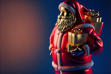 Christmas Santa Claus with golden gift in 3D background.