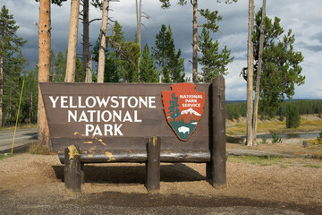 Yellowstone National Park south entrance road sign in Wyoming