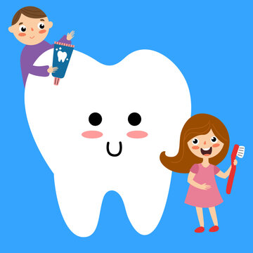 National Children’s Dental Health Month. Children brush their teeth.
