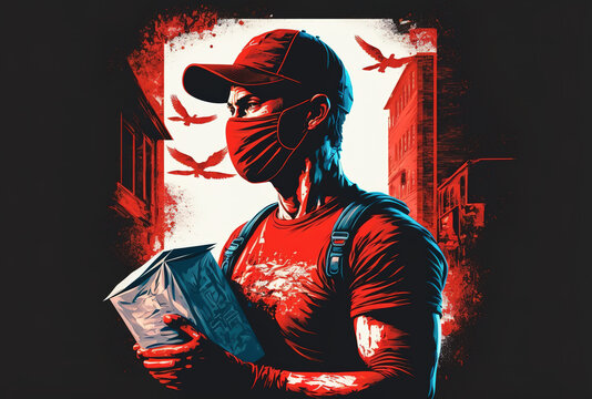 Beautiful Delivery Man Wearing A Red Hat And A T Shirt In The Covid Self Quarantine Online Buying And Shipping Idea... Generative AI