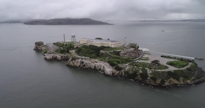 Aerial view of Alcatraz island in the San Francisco Bay. USA. The most famous Alcatraz Prison, Jail. Sightseeing Place
