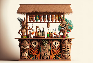 tiki bar with a bartender and tribal masks, isolated on a white backdrop. Generative AI - obrazy, fototapety, plakaty
