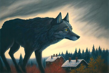 Wolf at night surreal illustration made with Generative AI
