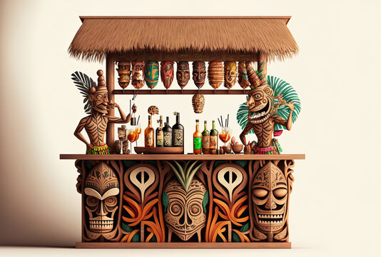 tiki bar with a bartender and tribal masks, isolated on a white backdrop. Generative AI