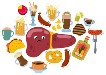 Love Your Liver Awareness Month. Sick liver, eating junk food. White background, isolate. Vector illustration.