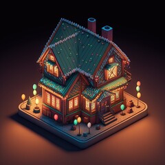 Isometric house with Christmas lights, small gingerbread house, tiny building with colorful lights, cute house generative ai art