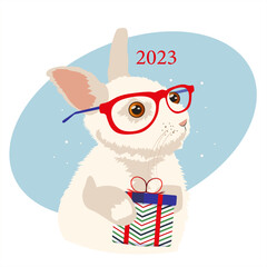 Illustration of Chinese New Year 2023 celebration, year of the rabbit. Typographic poster of a rabbit in red glasses and the number 2023. Fashion design with a hare.