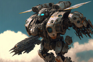 Flying in the skies is a military robot with camouflage armor. Generative AI