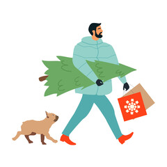 Man with real Christmas tree and french bulldog semi flat color  characters. Editable figures. Full body person on white. Simple cartoon style illustration for web graphic design and animation