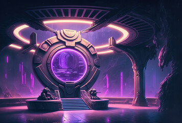 Fototapeta premium Purple neon light and a round stage make up the futuristic looking setting. Generative AI