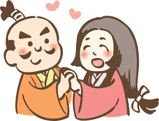 妻と仲睦まじく手を取り合う殿様のイラスト
