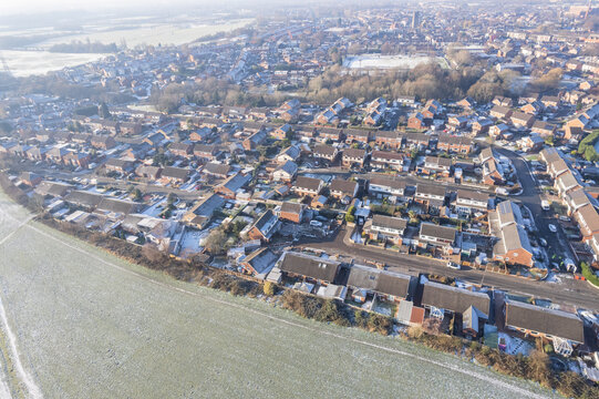 Aerial Houses Residential British England Drone Above View Summer Blue Sky Estate Agent. Snow, winter weather