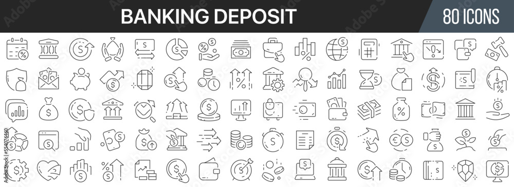 Poster banking deposit line icons collection. big ui icon set in a flat design. thin outline icons pack. ve