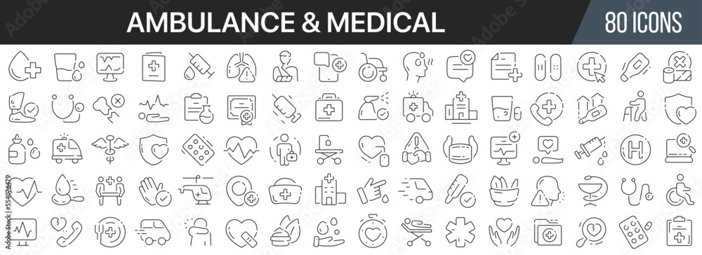 Poster ambulance and medical line icons collection. big ui icon set in a flat design. thin outline icons pa