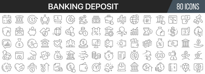 Banking deposit line icons collection. Big UI icon set in a flat design. Thin outline icons pack. Vector illustration EPS10