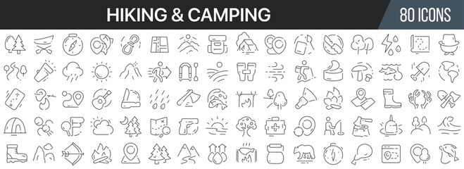 Hiking and camping line icons collection. Big UI icon set in a flat design. Thin outline icons pack. Vector illustration EPS10
